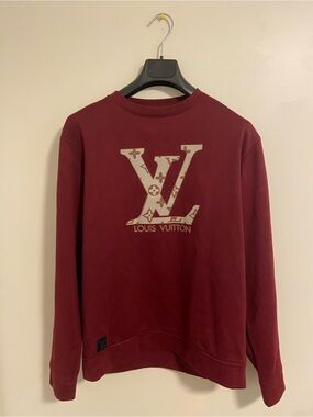 Louis Vuitton Men's Burgundy and Beige LV Logo Crewneck Sweater